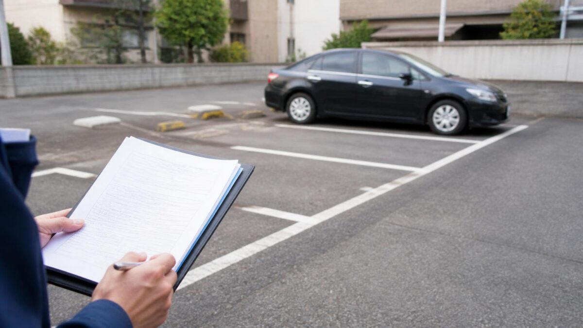月極駐車場の契約書類と駐車区画を確認する様子