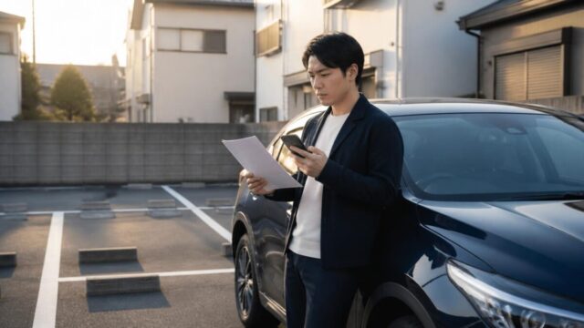 月極駐車場の契約書とスマートフォンを確認する様子
