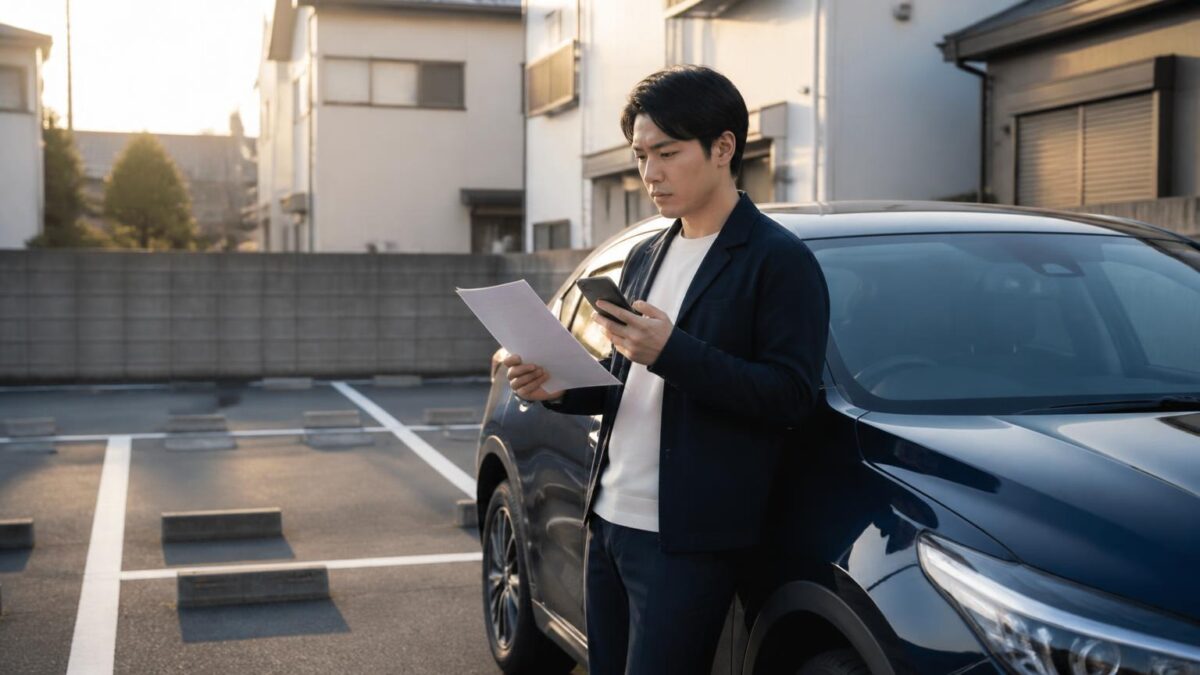 月極駐車場の契約書とスマートフォンを確認する様子