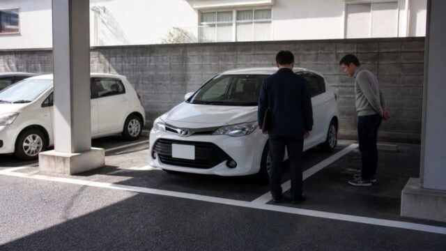 月極駐車場で車両変更前に区画サイズを確認している様子