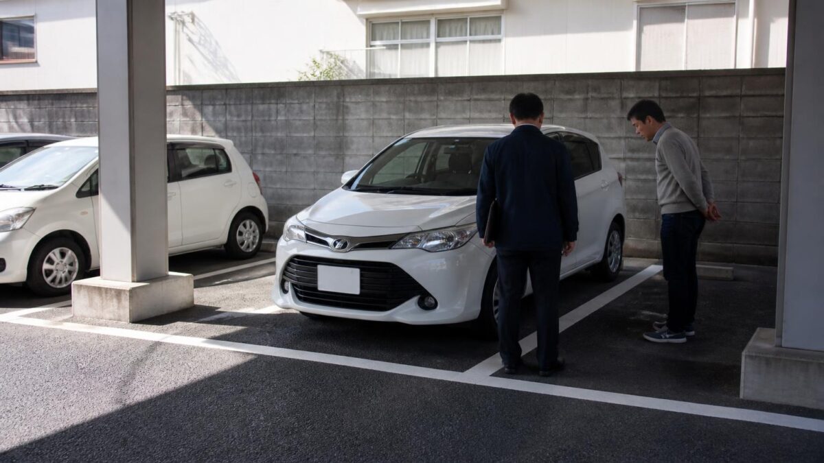 月極駐車場で車両変更前に区画サイズを確認している様子